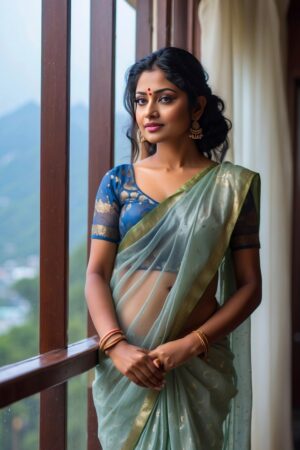 ai generated, woman, balcony, dress, beauty, portrait, terrace, home, nature, morning, saree, female, pose