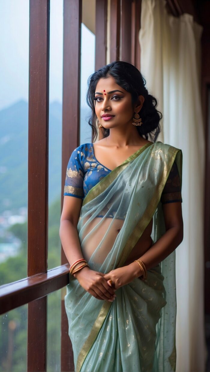 ai generated, woman, balcony, dress, beauty, portrait, terrace, home, nature, morning, saree, female, pose